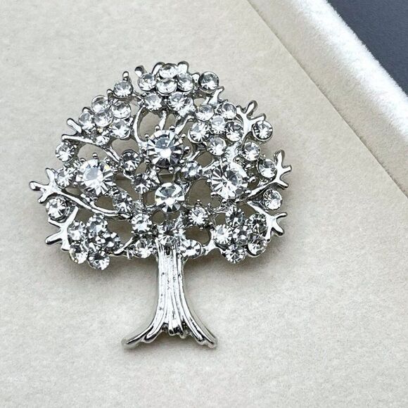 Silver with White Diamond Crystal Blooming Tree Pin Back Brooch - Picture 3 of 9